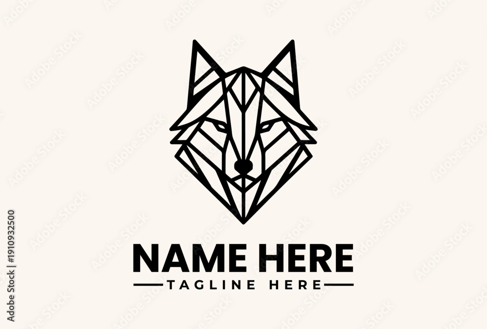 Fototapeta premium Geometric wolf head logo illustration with bold text on a beige background, featuring a stylized icon design.