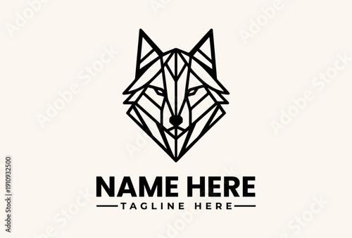 Geometric wolf head logo illustration with bold text on a beige background, featuring a stylized icon design.