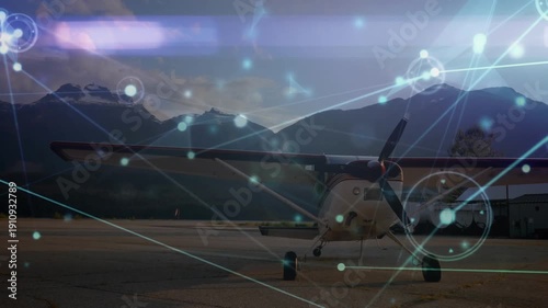 Animation of network of connections over airplane at an airport