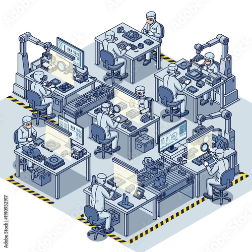 Isometric illustration of a busy factory floor with workers and robots.