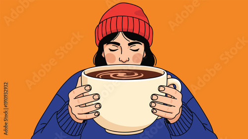 Young woman wearing a red beanie and blue sweater holding a massive cup of hot coffee or cocoa with closed eyes.
