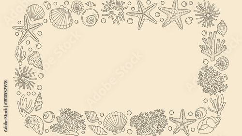 Rectangular frame made of detailed line drawings of seashells, coral, and starfish on a solid light tan background.