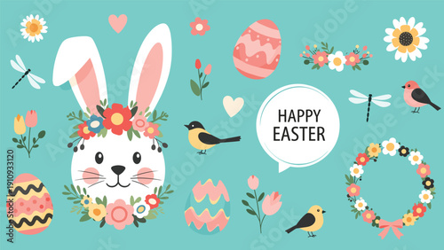 Extensive Happy Easter themed set features a cute bunny, decorated eggs, birds, butterflies, and floral elements on a teal background.