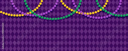 Obraz Mardi Gras beads festive carnival background. Purple harlequin pattern with colorful Mardi Gras beads and fleur de lis symbols.