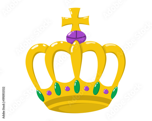 Mardi Gras golden crown with purple green gems and cross isolated. Vector illustration