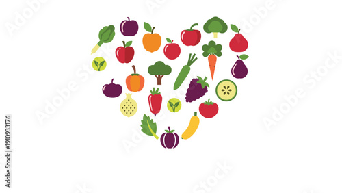 Vibrant heart-shaped arrangement features a wide variety of colorful fruit and vegetable icons promoting healthy eating and nutrition.