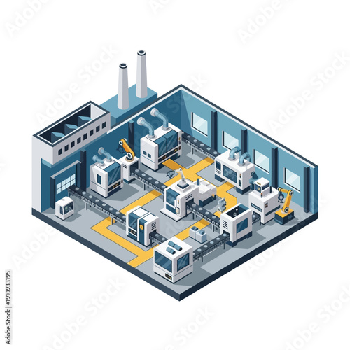 Isometric Industrial Factory with Automated Production Line and Robotic Arms.