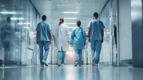 Medical Team Walking Through Hospital Corridor