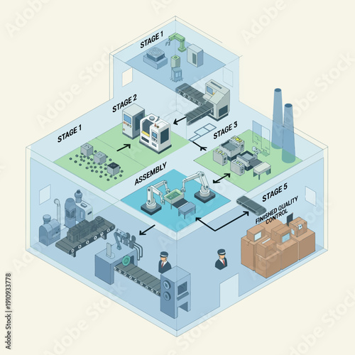 Isometric view of a factory with multiple production stages and assembly lines.