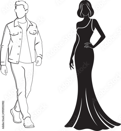 Fashion illustration of a man and woman in formal attire