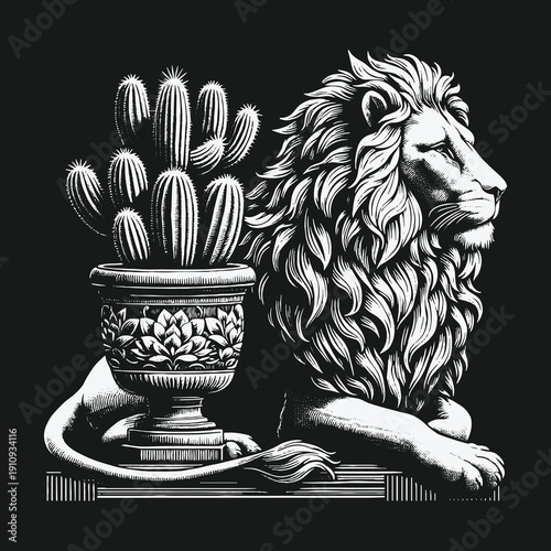 Lion and Cactus: A Symbolic Fusion of Strength and Resilience.