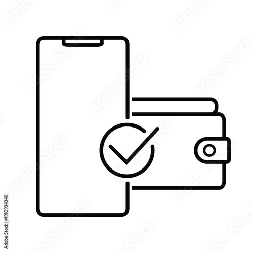 Secure Mobile Payment Line Icon – Smartphone Wallet with Check Mark Outline Vector