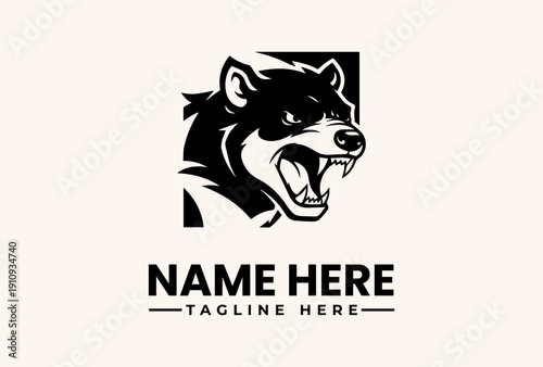 Black and white vector illustration of a wolf's head logo with a square background and placeholder text for a name and tagline on a beige background.