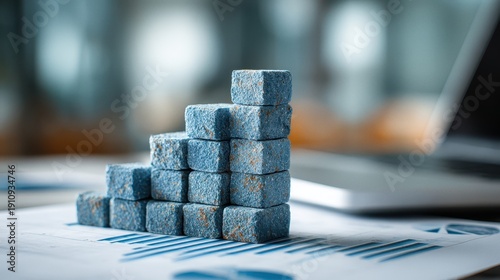 Stack of blue sugar cubes showing a growth trend in a business report setting