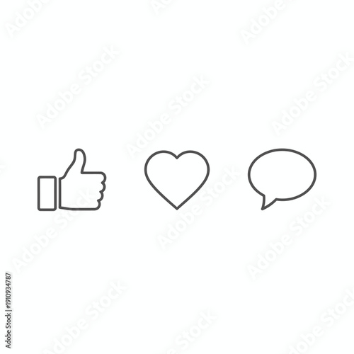 Set of three simple icons representing like, love, and speech bubbles