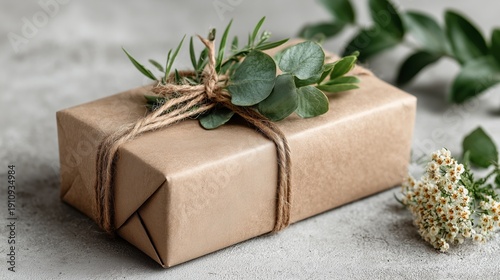 Eco-friendly gift box wrapped in kraft paper with twine and fresh greenery, sustainable lifestyle concept,concept of self-care and love, gifts for International Women's Day, spring holiday, March 8
