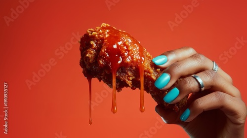 A hand holding a spicy, saucy fried chicken wing with bright blue nails and bold red background.