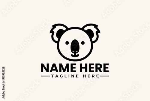 A simple black and white illustration of a koala's face with placeholder text for a name and tagline on a light beige background, featuring a vector logo design.
