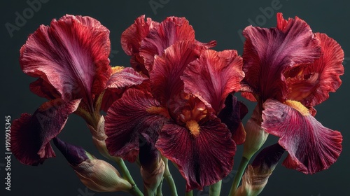 Colorful irises bloom in close-up showing detailed petals and structure in a dark background setting