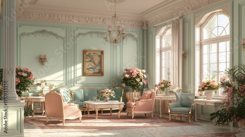 Elegant Regency era inspired interior, pastel walls, classical furniture, floral decor, aristocratic atmosphere, historical aesthetic
