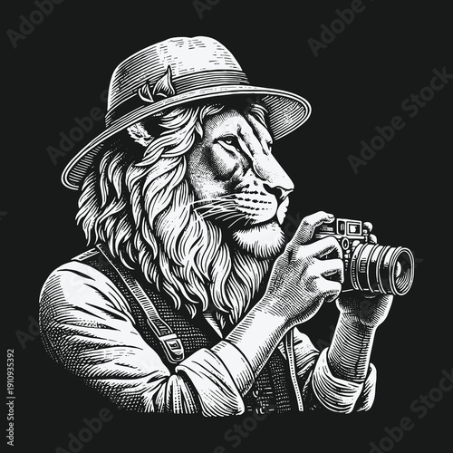 Lion Photographer: A Detailed Black and White Illustration of a Creative Animal.