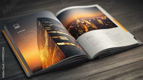 Modern architecture stands out in a city skyline during sunset with a magazine open to showcase design and photography