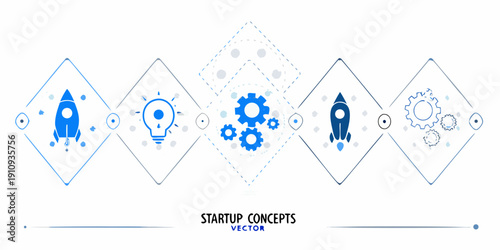 Startup process icons in diamond shapes representing innovation and growth