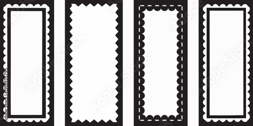 Four postage stamp frames in black and white arranged in a row