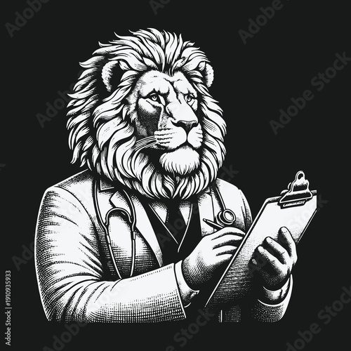 Lion Doctor: A Unique Medical Concept Illustration in Black and White.