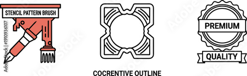 Set of three icons: stencil pattern brush, geometric shape, and premium quality badge