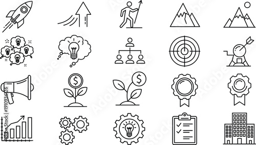 Business Growth Success Line Icon Set Featuring Startup Rocket Strategy Planning Financial Analysis Marketing Statistics Investment Goals Innovation Progress Corporate Symbols