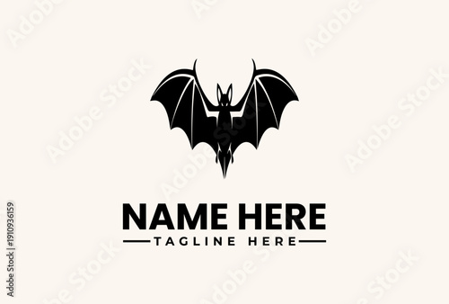 A black bat logo with a cross on its chest and outstretched wings on a beige background with a placeholder text for a company name and tagline in a vector illustration style.