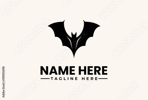 A black bat logo with wings spread wide on a beige background, accompanied by placeholder text for a name and tagline in a modern typographic design.