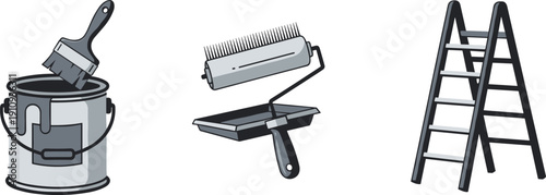 Set of painting tools including a paint can, brush, roller, tray, and ladder