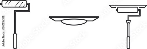 Set of three line art icons representing painting tools and a ceiling light fixture