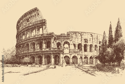 Colosseum, Italy illustration in a vintage style. This vector illustration can be used in any size you like for advertising, logos, and other work.
