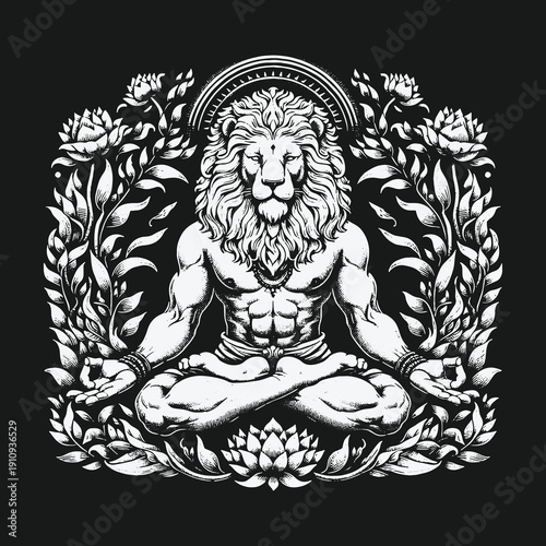 Lion-headed yogi in lotus position surrounded by floral elements.