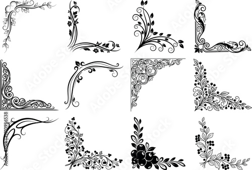 Collection of 9 black and white floral corner border designs isolated on transparent background