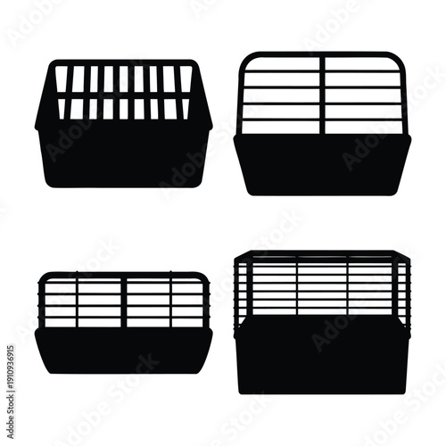 Set of black silhouettes representing various pet travel carriers and small animal cages for transport