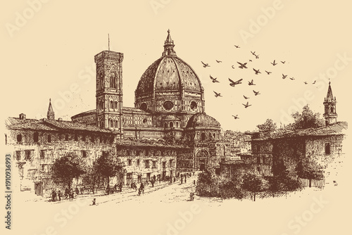 Florence Cathedral, Italy illustration in a vintage style. This vector illustration can be used in any size you like for advertising, logos, and other work.