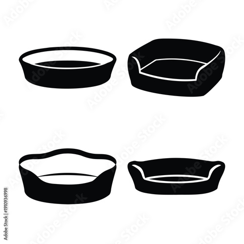 Collection of four distinct pet bed silhouettes offering comfort for various pets