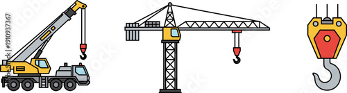 Collection of construction cranes and a hook, flat design vector illustration