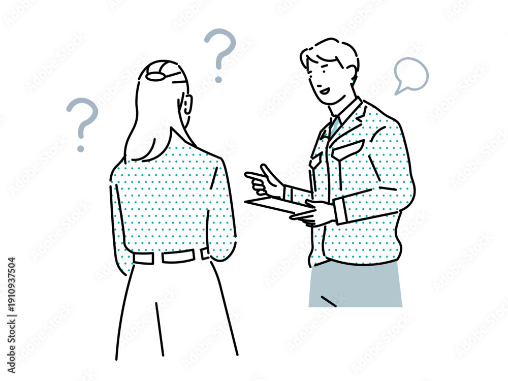 Fototapeta premium 作業服を着たビジネスマンが見積もりをお客に説明するイラストー営業ー契約ー困った女性ー疑問を持つ女性