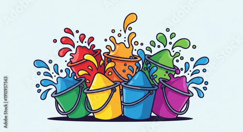 Colorful buckets overflowing with splashing paint vibrant illustration for creative concepts and art projects isolated on lig