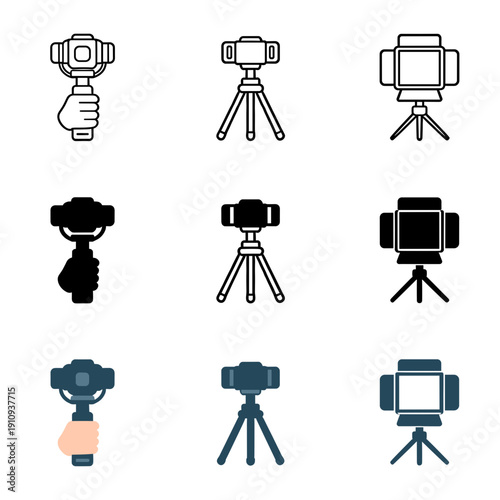 Camera stabilizer and gimbal equipment icons for video production and photography shown in line, solid and flat styles for professional filmmaking