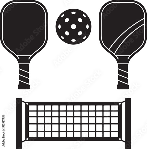 pickleball equipment  rackets and ball and net