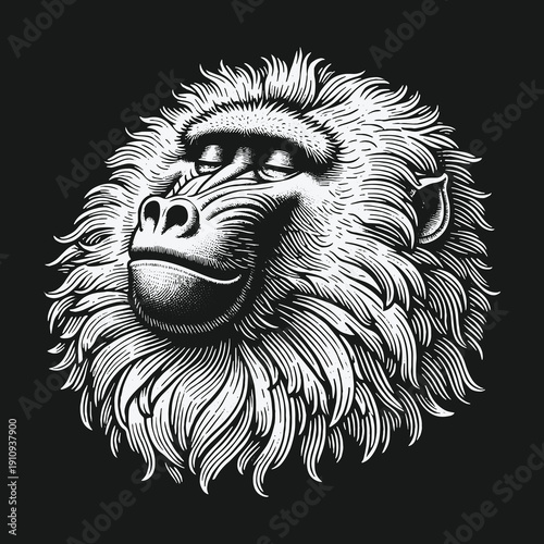 Intricate Engraving of a Contemplative Baboon Head on Black Background.