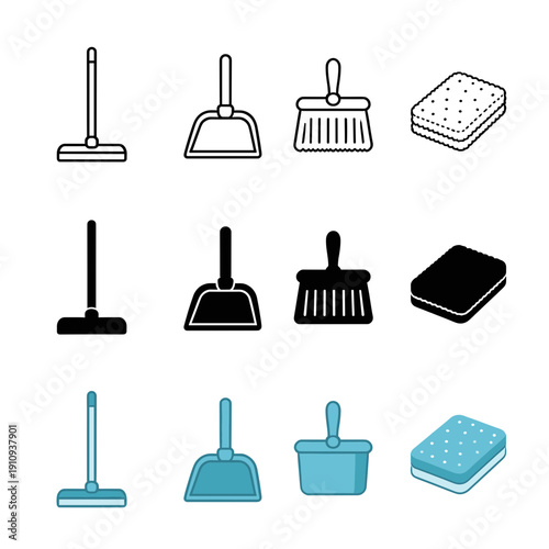 Cleaning equipment icons featuring floor mop, dustpan, handheld brush and sponge in outline, black silhouette and blue flat design styles for household chores.