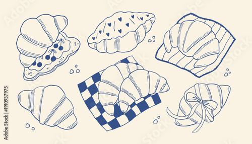 Hand drawn croissant vector set in blue line art style. Minimal mediterranean bakery illustrations perfect for cafe menus, packaging, patterns, posters, branding, food design, French breakfast themes.