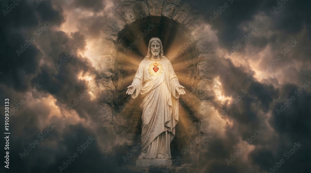 Fototapeta premium Jesus Christ with Sacred Heart statue in a stone arch. Religious sculpture with divinity concept, for spiritual inspiration and worship.